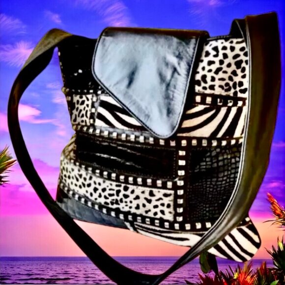 Vintage Genuine Leather Calf Hair Patchwork Shoulder Bag Mixed Prints - Picture 13 of 14